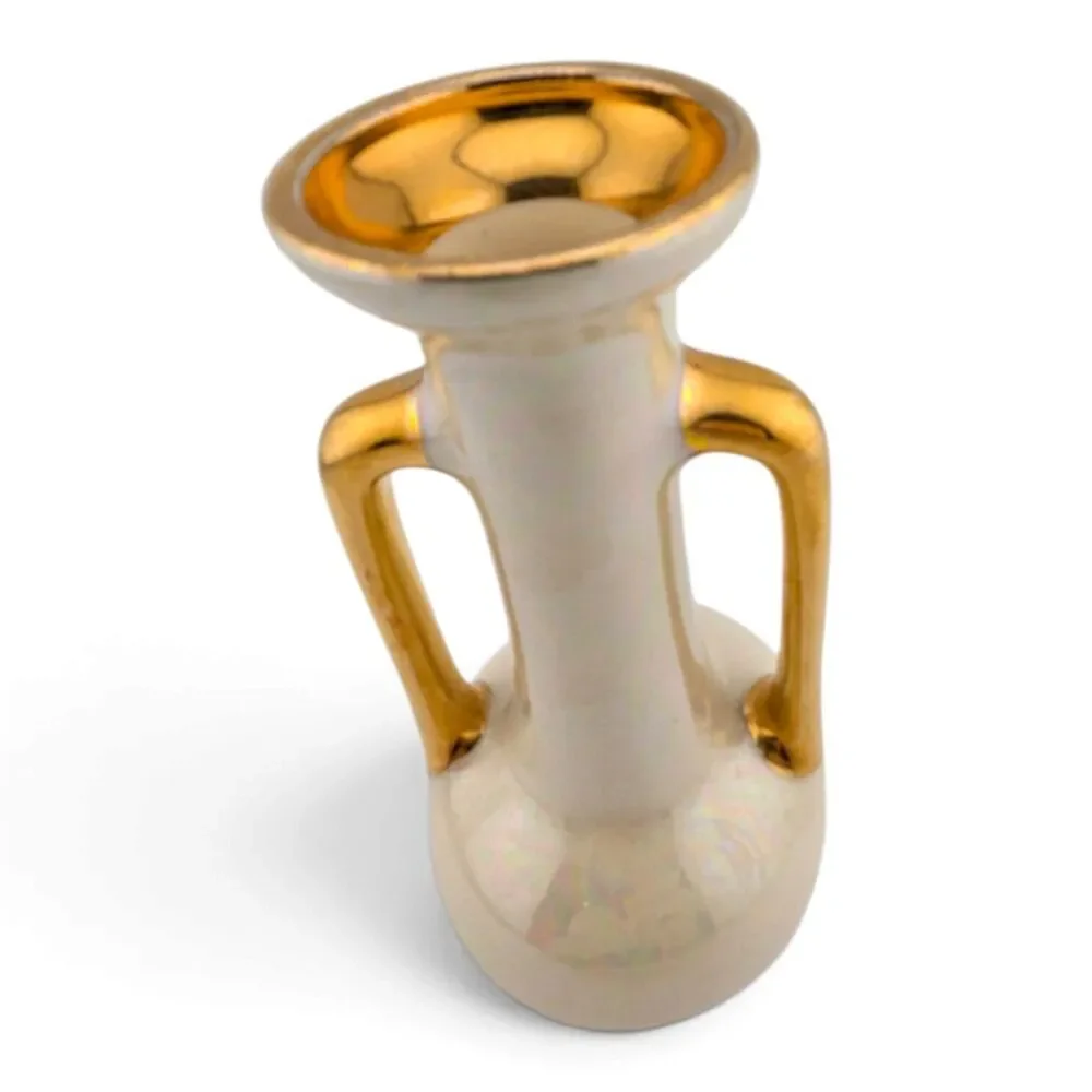 Vintage 1940s 50s Iridescent Luster Amphora Vase Gold Trim Double Handle 6.25